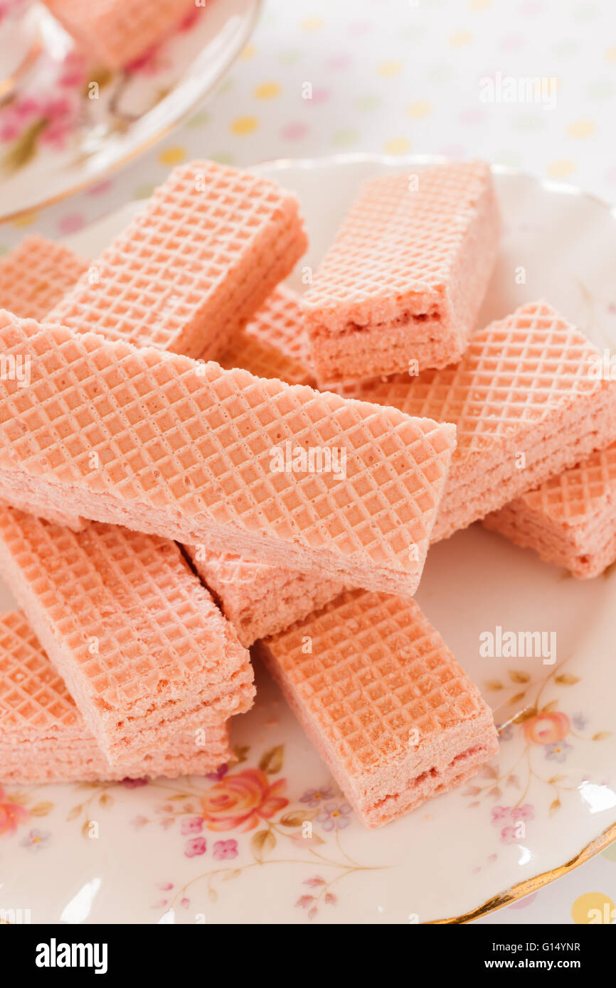 Pink wafers a cream filled wafer confection a favourite British tea time biscuit Stock Photo