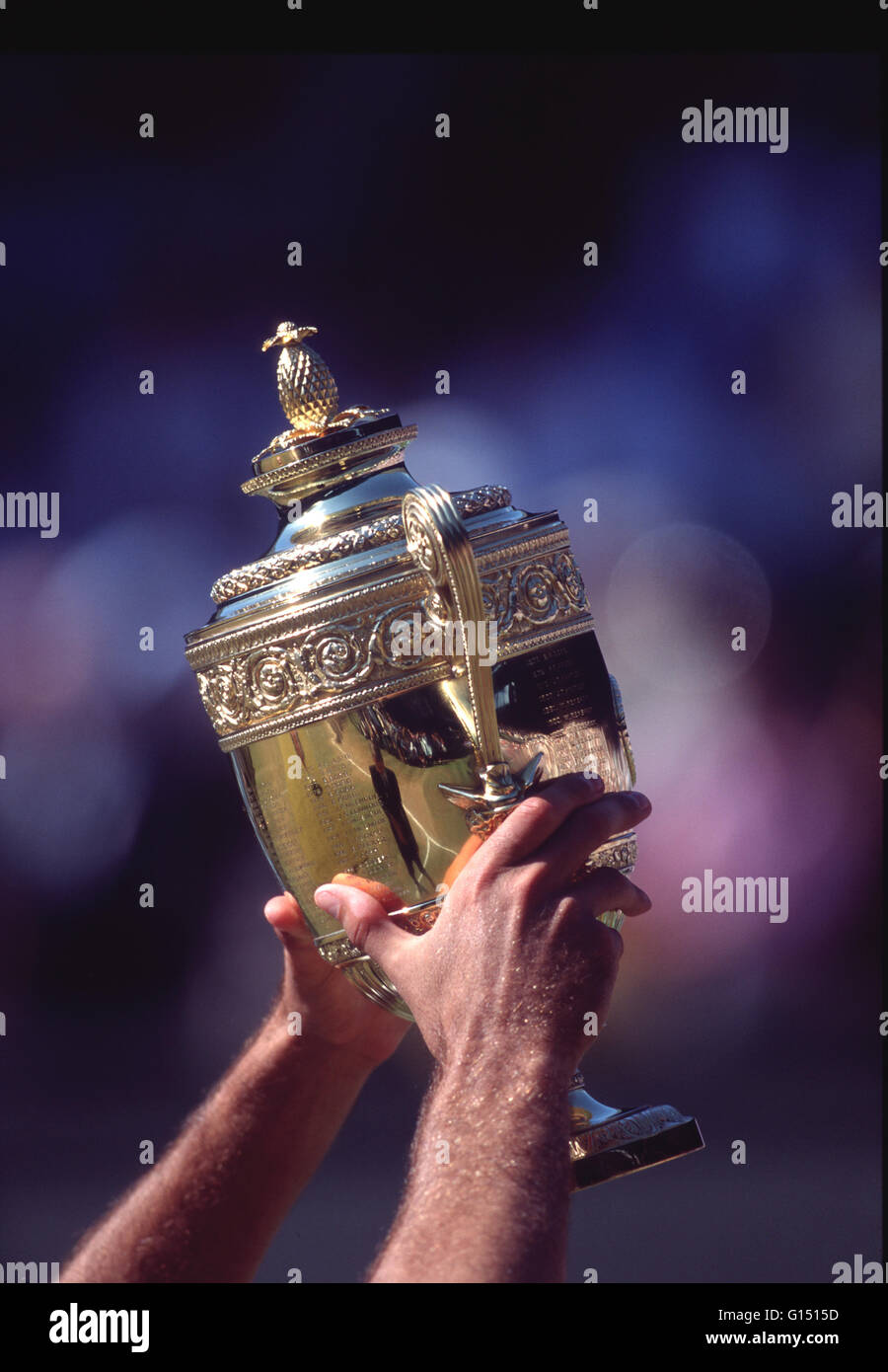 Men holding WIMBLEDON MEN SINGLES Trophy Stock Photo