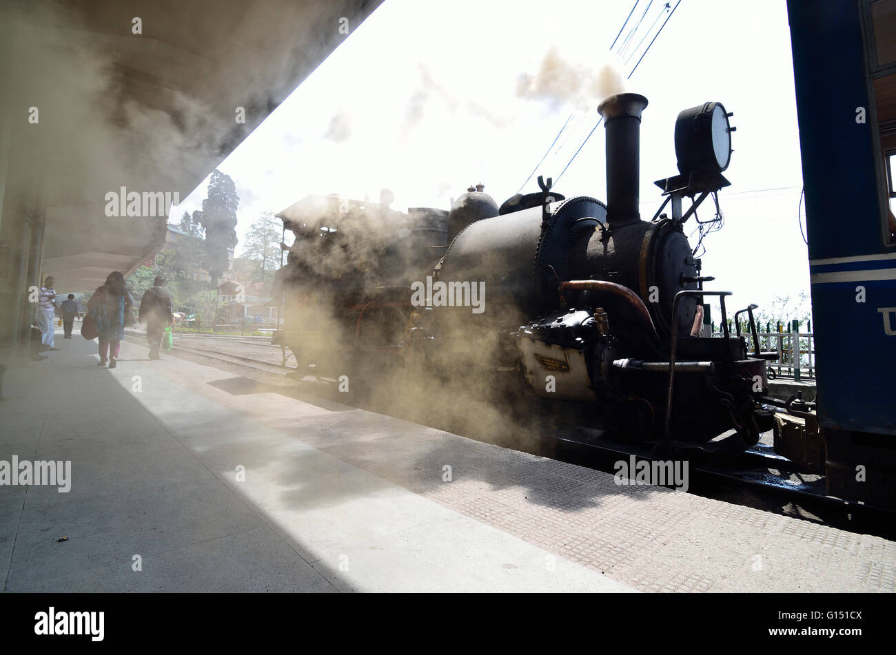 Steam Locomotive of Darjeeling Himalayan Railway standing at Darjeeling station just before departure, Darjeeling Stock Photo