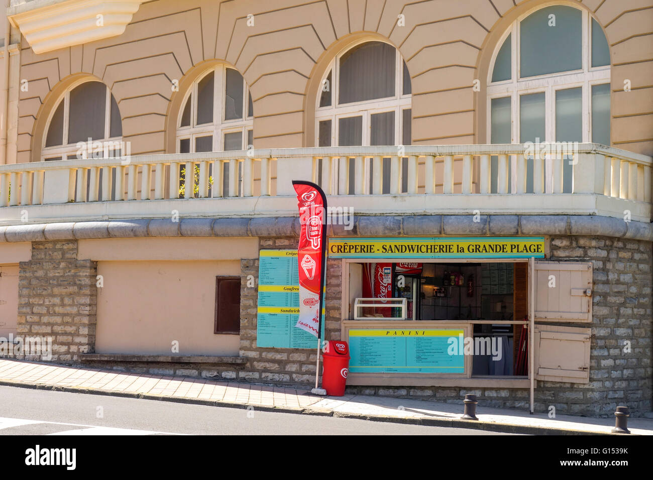 Small creperie, sandwich bar, at beach, La Grande Plage, Biarritz. Aquitaine, french basque country, France. Stock Photo