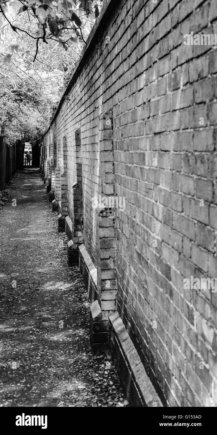 Eye Level View Down A Very Old Alleyway With An Old Brick Boundary Wall And A Figure In The Background Stock Photo Alamy