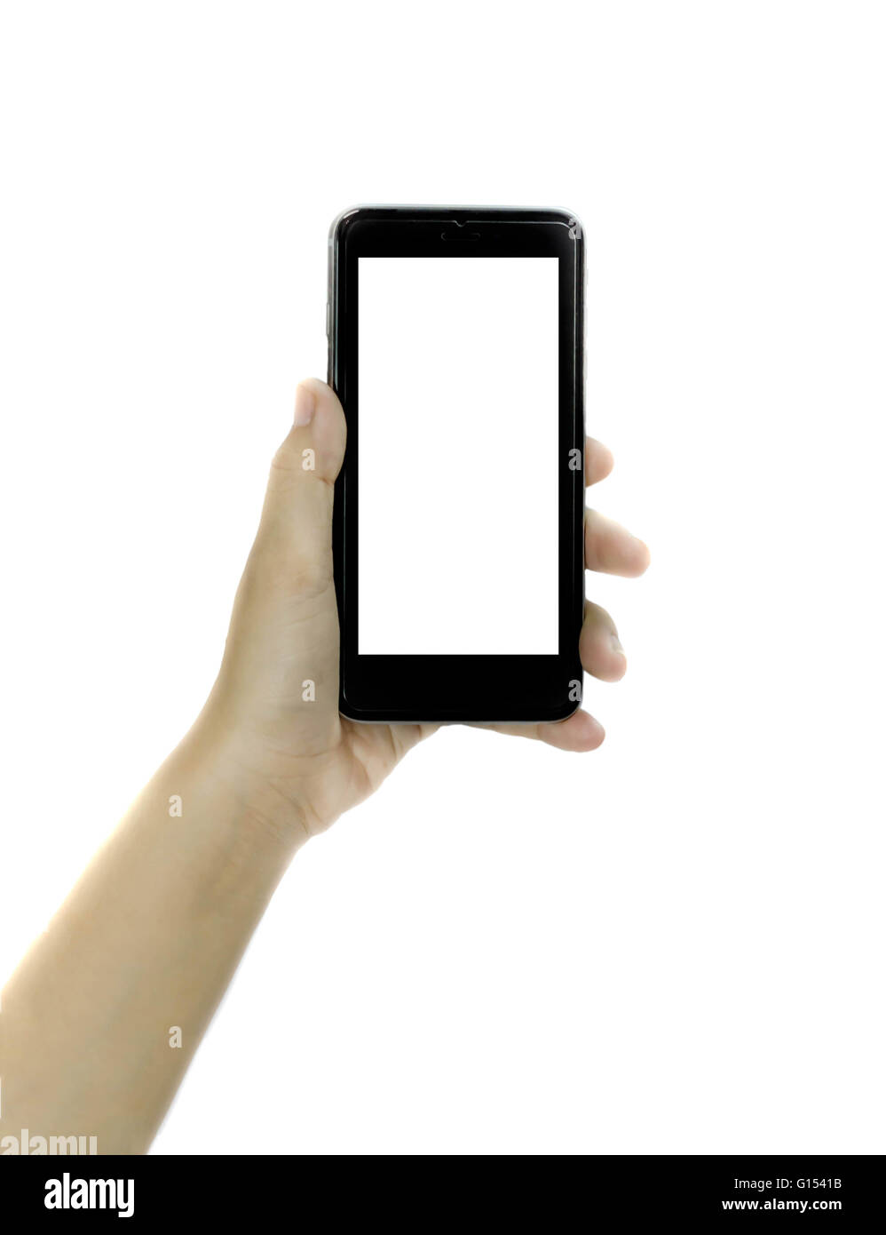 Woman hand holding blank white screen smart phone on white background Stock Photo