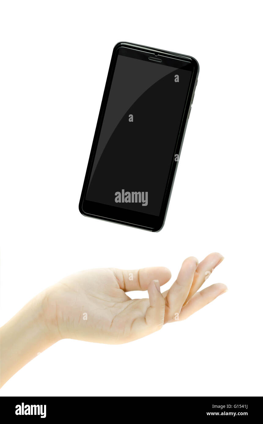 woman's hand holding smartphone over white background Stock Photo - Alamy