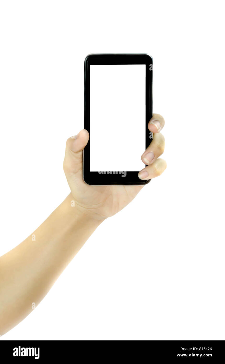 Woman hand holding blank white screen smart phone on white background Stock Photo