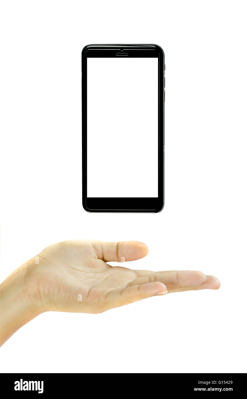 woman's hand holding smartphone over white background Stock Photo - Alamy