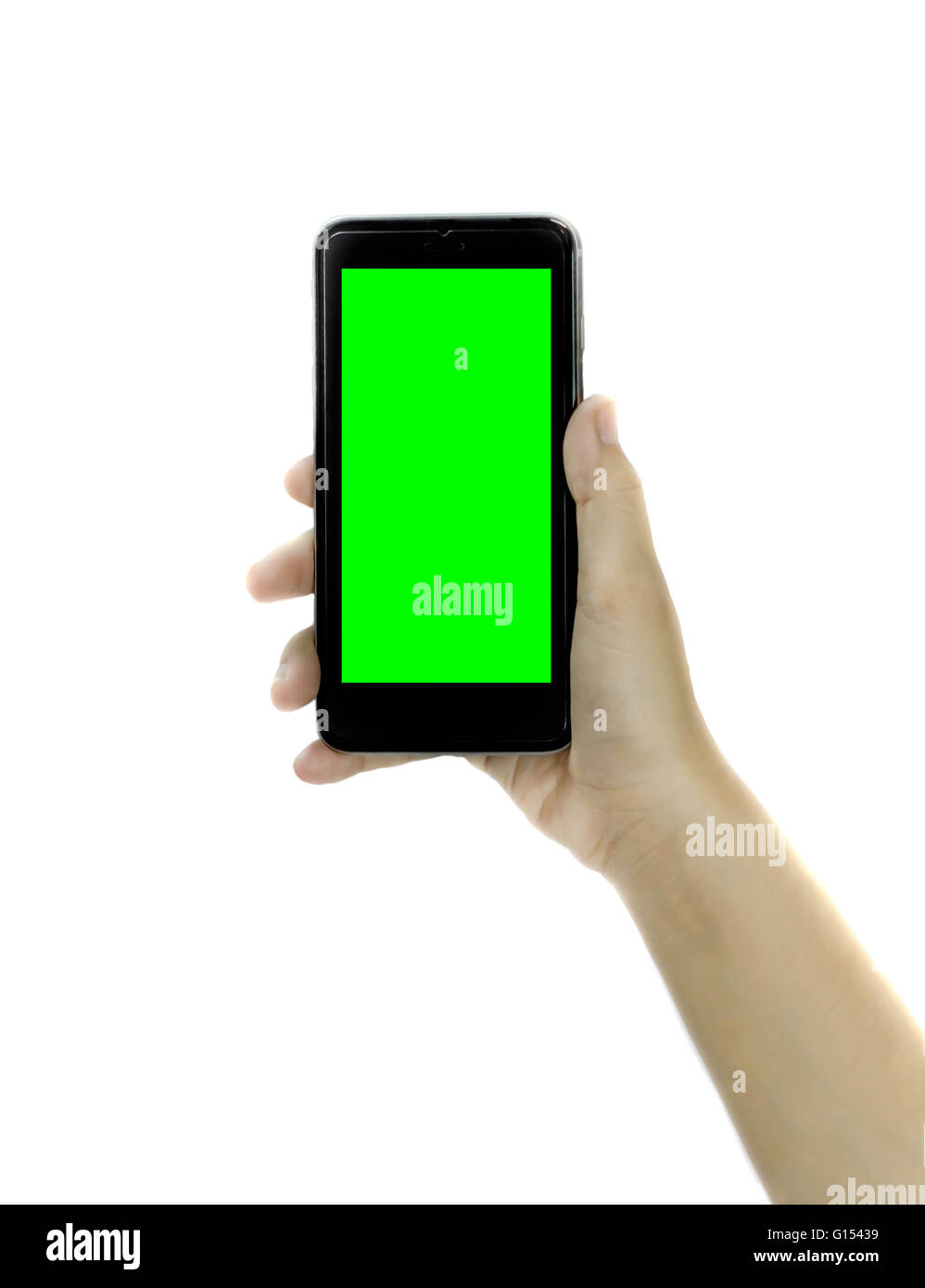 Woman hand holding blank green screen smart phone on white background ...