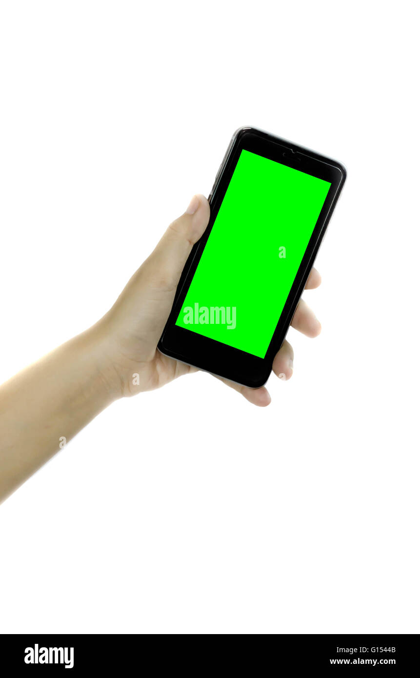 Woman hand holding blank green screen smart phone on white background ...