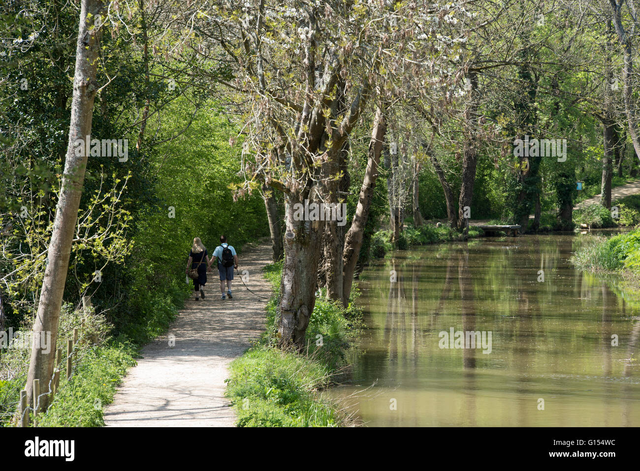 male female couple walking along the tow path on the way arun canal. Stock Photo