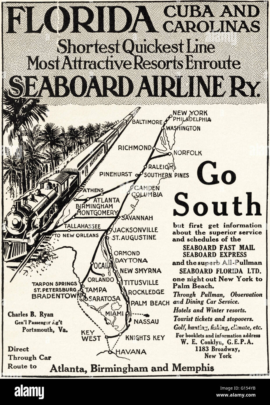 Original old vintage American magazine advert from the Edwardian era dated 1910. Advertisement advertising Florida Cuba & Carilinas by Seaboard Airline Railway USA Stock Photo