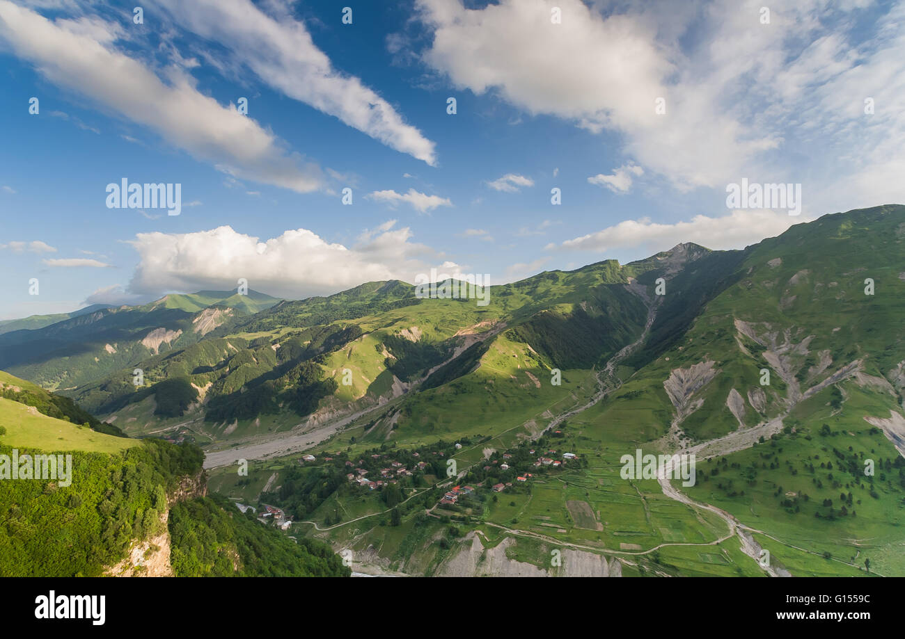 Village in the Georgian Caucasus seen from above. Stock Photo