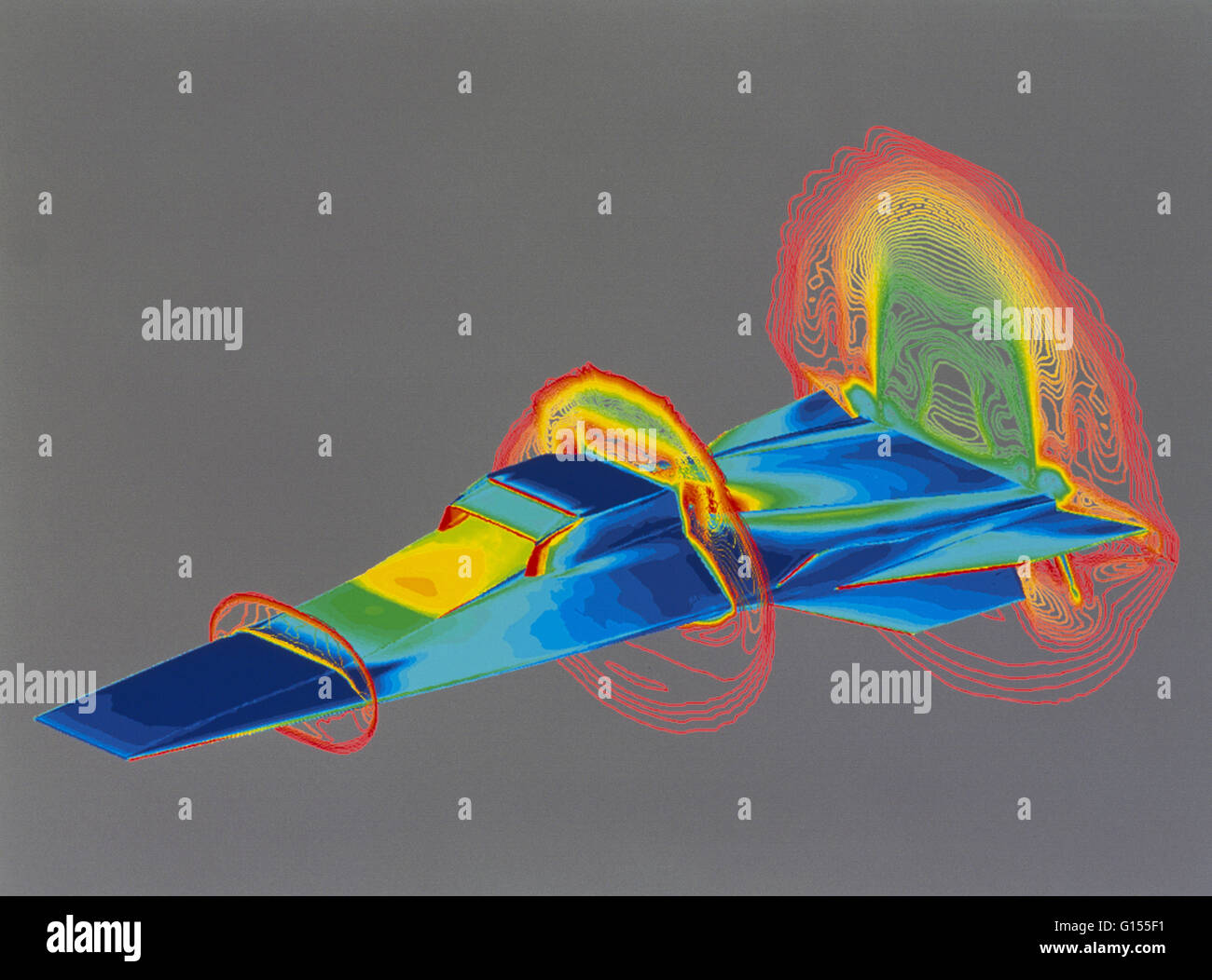 Computer animation of the Hyper-X aircraft, the first jet aircraft designed to fly at more than 5 times the speed of sound, (Mach 5), before launch.  The aerodynamic pressures exerted on the Hyper-X and the air around it in flight are color-coded from red Stock Photo
