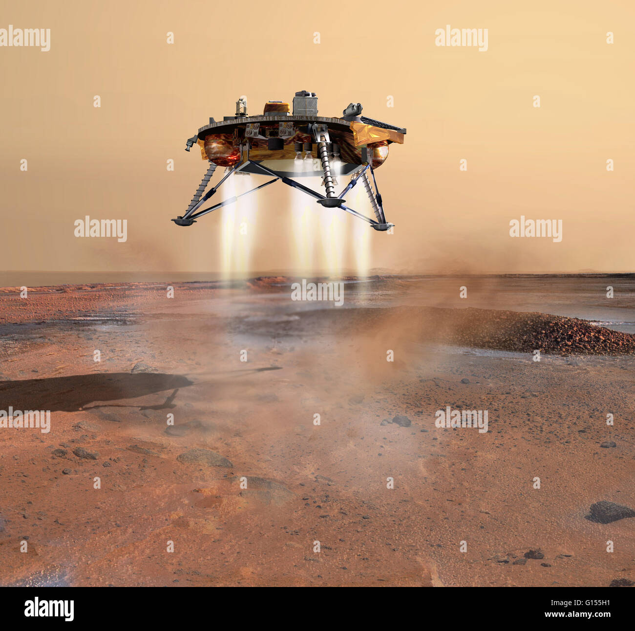 This artist's concept depicts NASA's Phoenix Mars Lander a moment before its 2008 touchdown on the arctic plains of Mars. Pulsed rocket engines control the spacecraft's speed during the final seconds of descent. Stock Photo