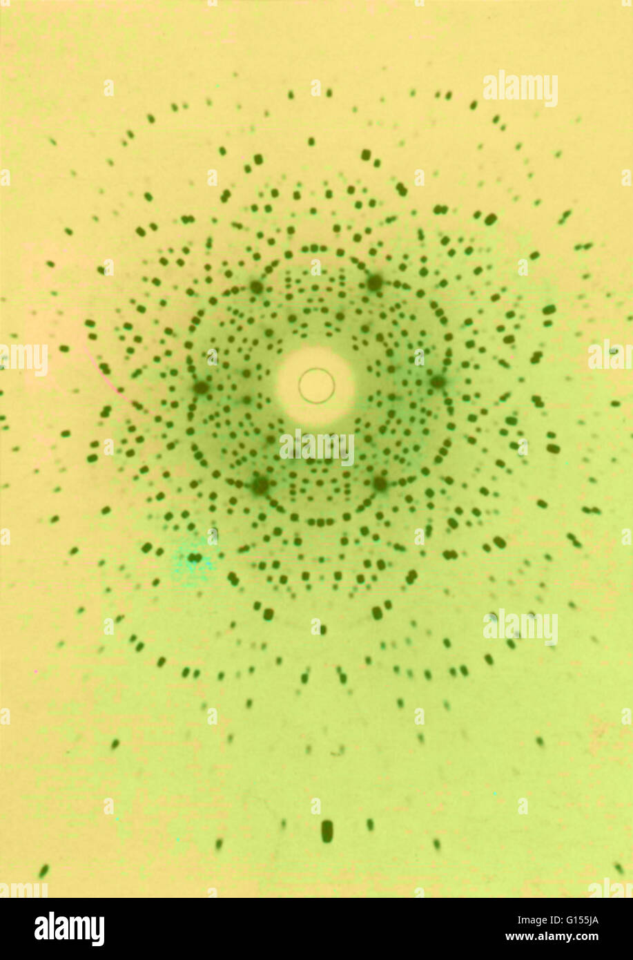 Like the revolving mirrored ball that reflects a spotlight on a dance floor, a crystal of beryl fragments a beam of x-rays. The narrow beam was projected through the beryl, and the black spots reflect the regular lattice of atoms within the crystal. This Stock Photo