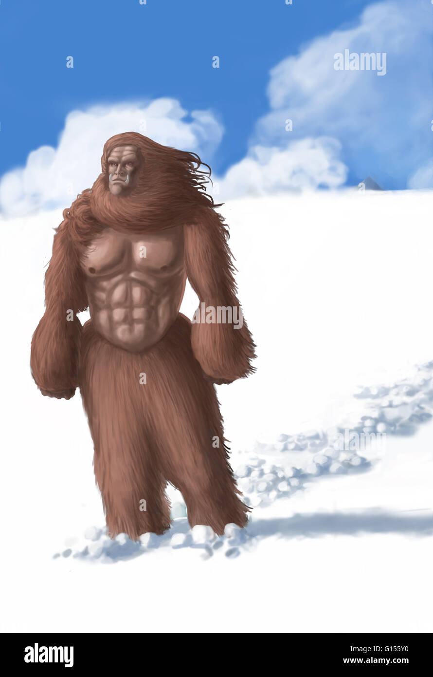 An illustration of the yeti. The yeti or abominable snowman is said to live in the Himalayas of Nepal. It is ape-like, larger than a human and similar to big foot. Stock Photo