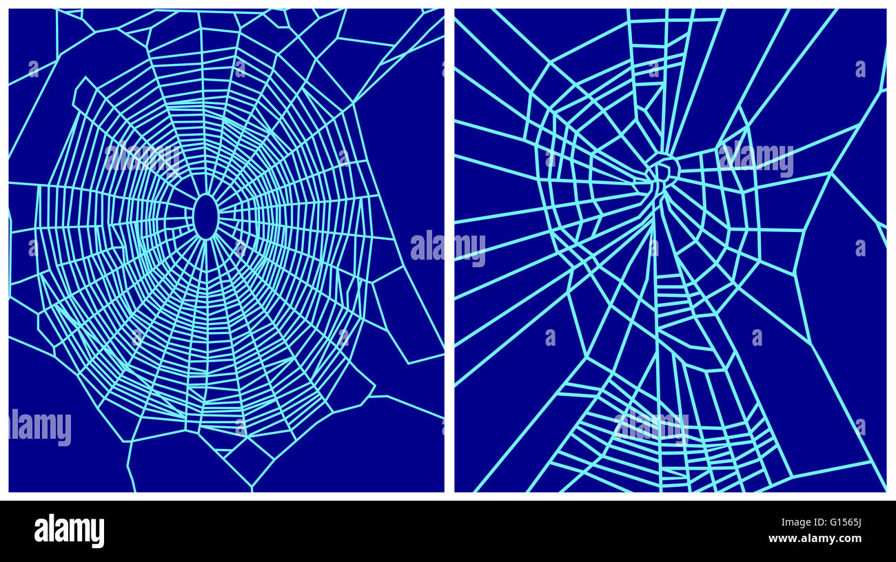 Computer artwork showing the effects of benzedrine on the the web-making ability of Garden Spiders (Araneus diadematus). A normal orb web (left) is designed to capture prey. It is made of tough, non-sticky, radiating silk threads interconnected by an elas Stock Photo