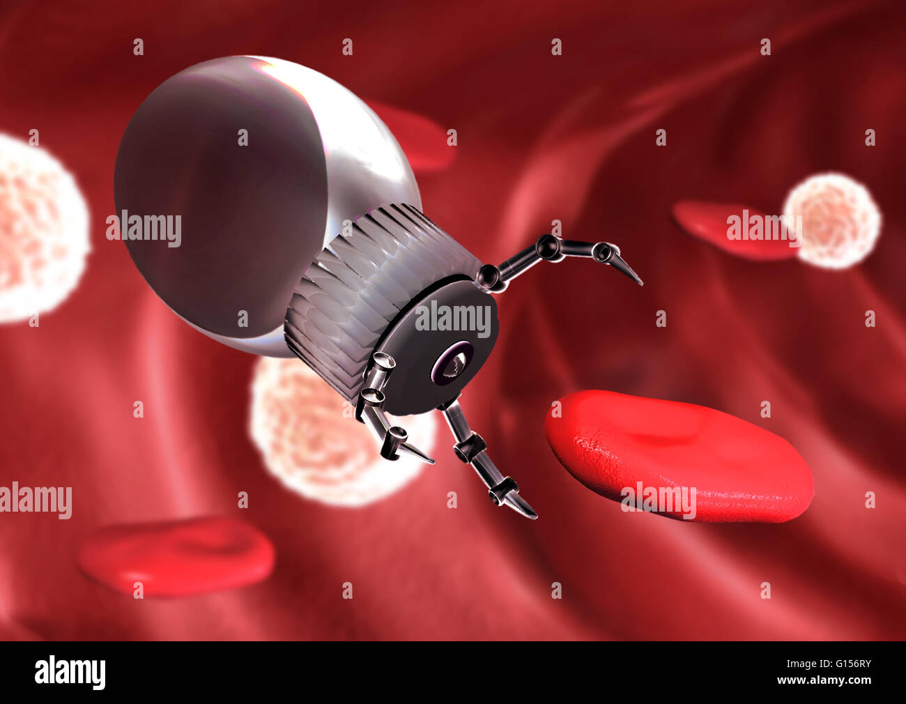 Nanotechnology. Nanobot aiding red blood cell. Stock Photo