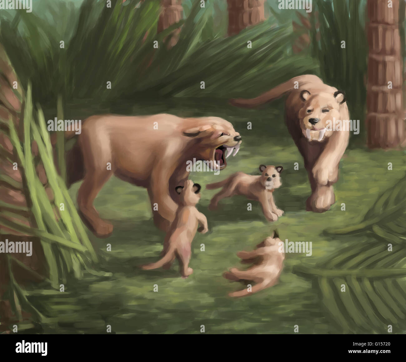 Illustration of saber-toothed cat family. The Smilodon lived during the late Pleistocene Age (Ice Age). It used its powerful forelimbs to ambush and capture prey, although its most distinctive features were the dramatic canines, serrated on the back edges Stock Photo