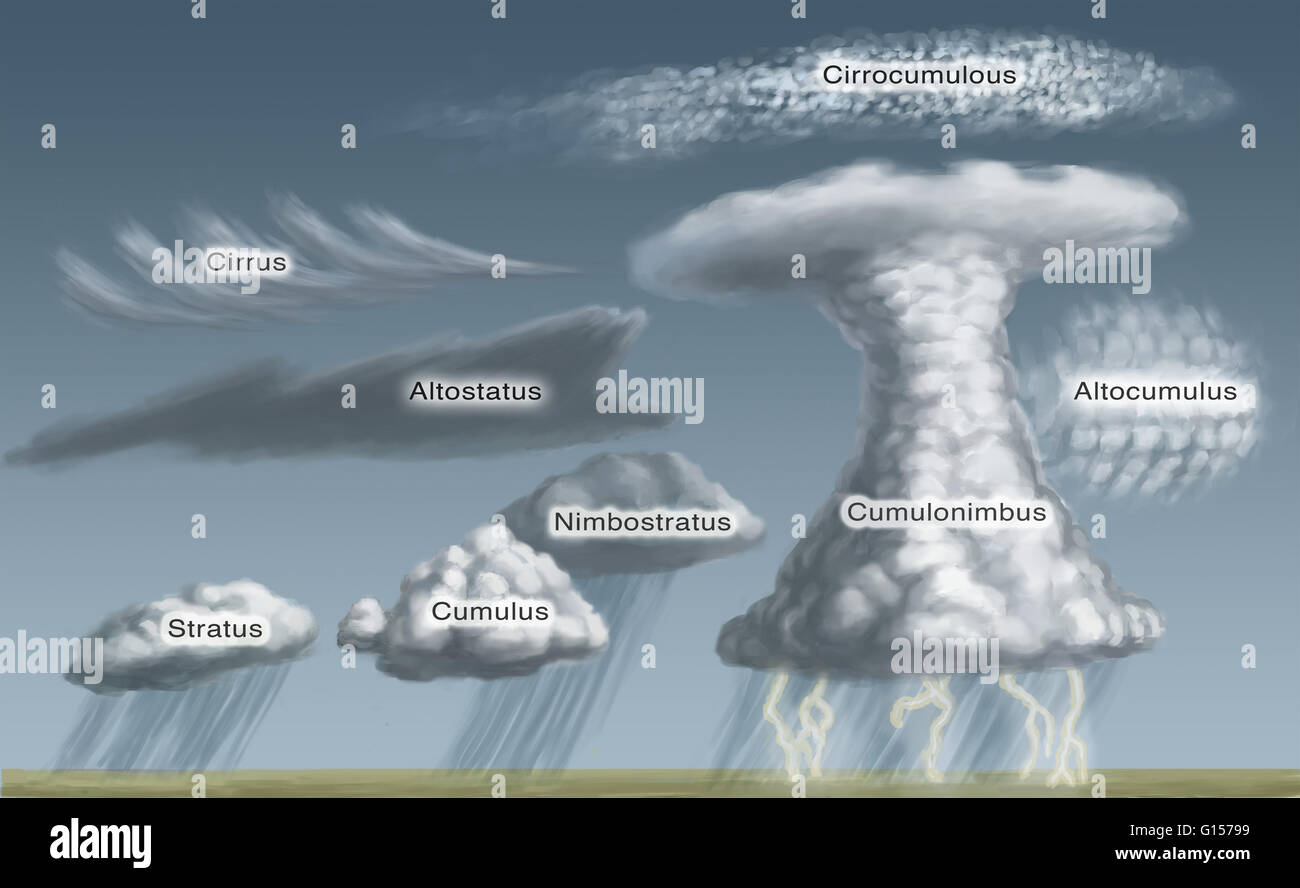 Illustration of various cloud formations: Cirrus, altostatus, nimbostratus, stratus, cumulus, cumulonimbus, altocumulus, and cirrocumulus. Stock Photo