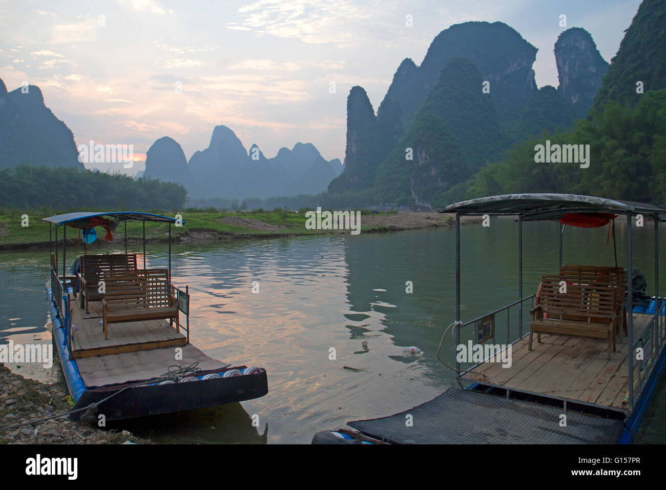 Bamboo rafts on the Li River at Xingping Stock Photo