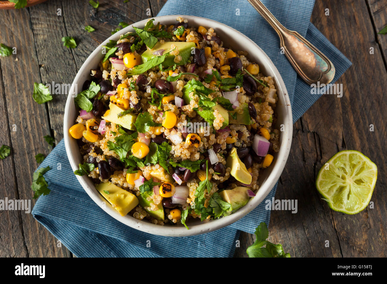 Homemade Southwestern Mexican Quinoa Salad with Beans Corn and Cilantro Stock Photo