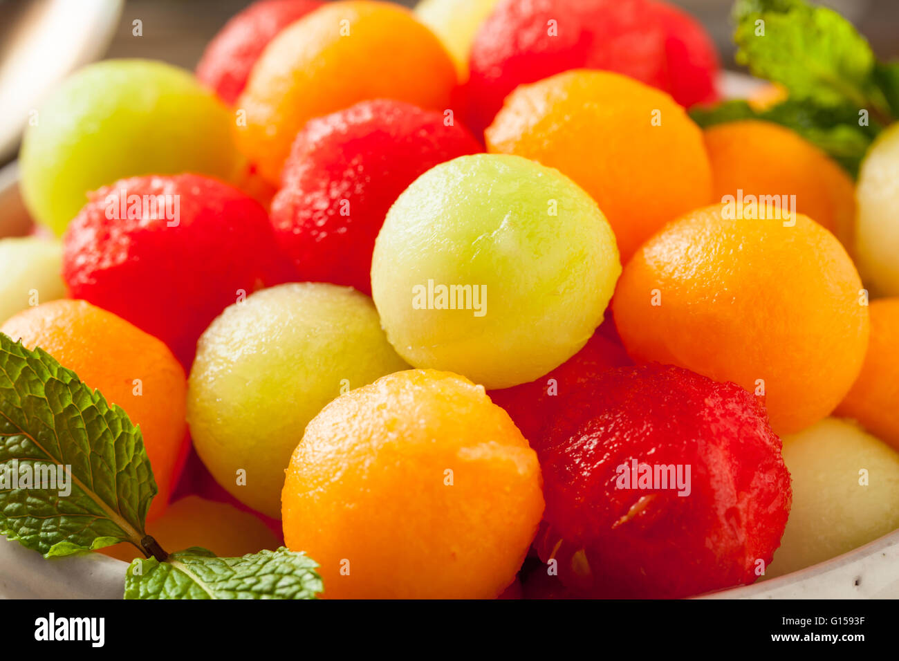 Fresh Homemade Melon Balls with Watermelon Canteloupe and Honeydew Stock Photo