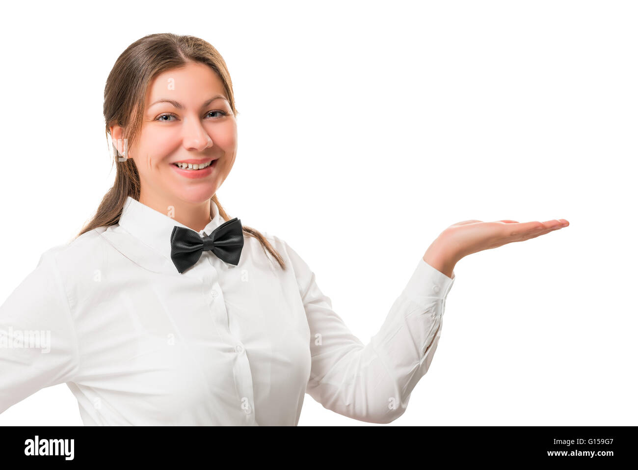 Horizontal portrait of a beautiful waitress holding something in his