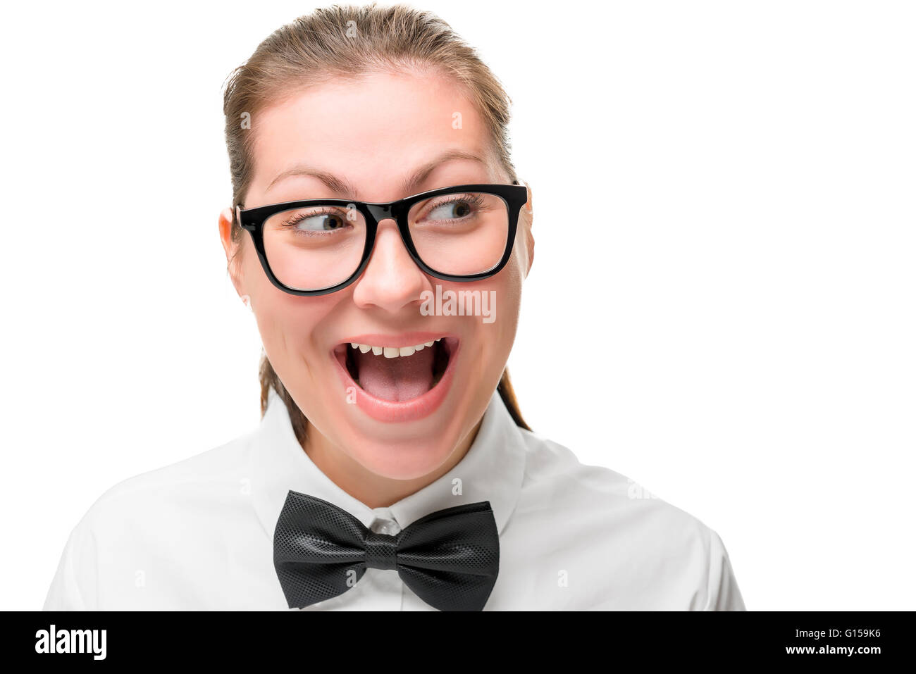 Screaming girl shot on a white background closeup Stock Photo