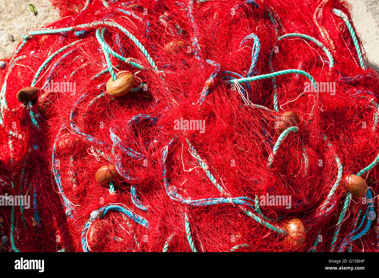 Red fishing nets, Corsica, France Stock Photo