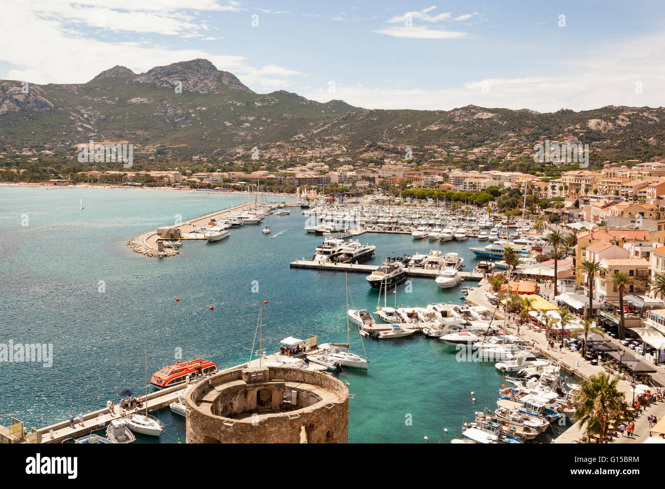 Calvi Harbour, town and waterfront buildings, Calvi, Haute-Corse, Corsica, France Stock Photo