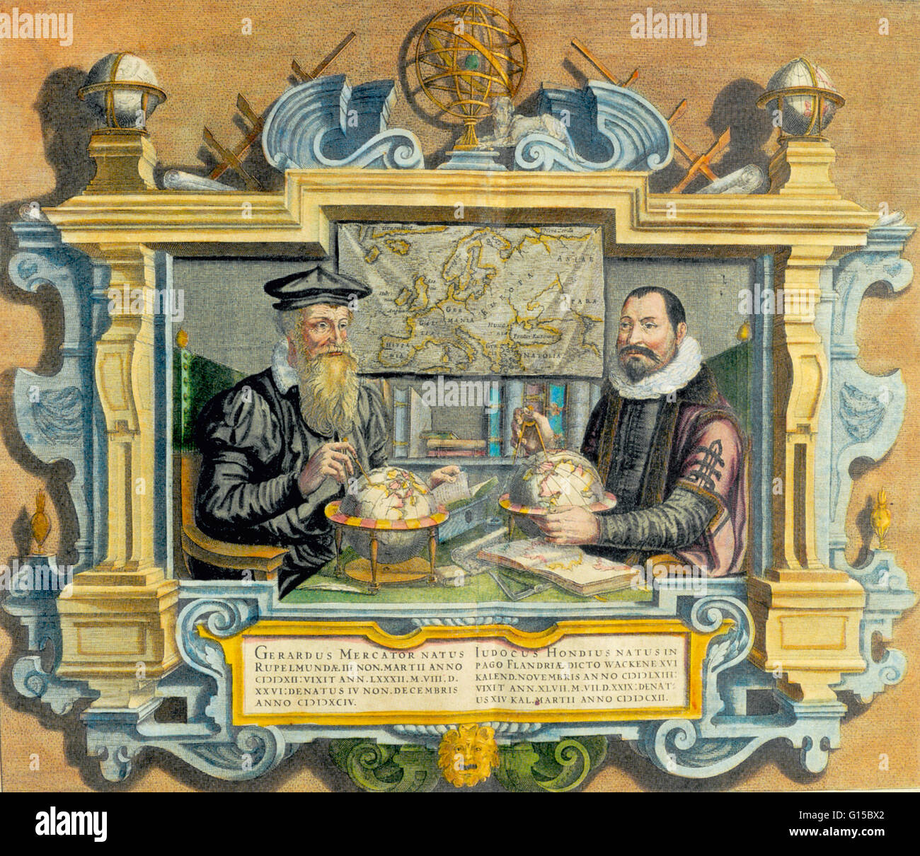 Double portrait of Gerardus Mercator (left) (1512-1594) and Jodocus Hondius (1563-1612) from the Mercator-Hondius atlas of 1612. Flemish geographer Gerardus Mercator's most enduring contribution was his Mercator Projection or Mercator Chart. The Mercator Stock Photo