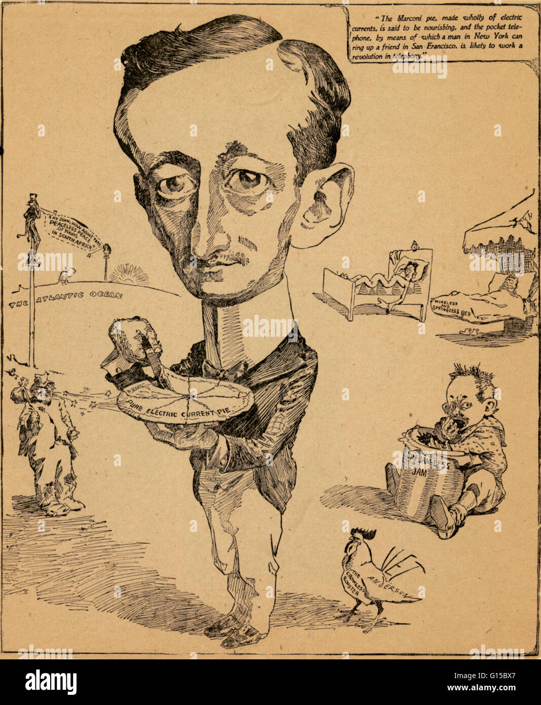 Caricature of Guglielmo Marconi (1874-1937) holding a 'pure electric current pie.' The text at top right reads: 'The Marconi pie, made wholly of electric currents, is said to be nourishing, and the pocket telephone, by means of which a man in New York can Stock Photo