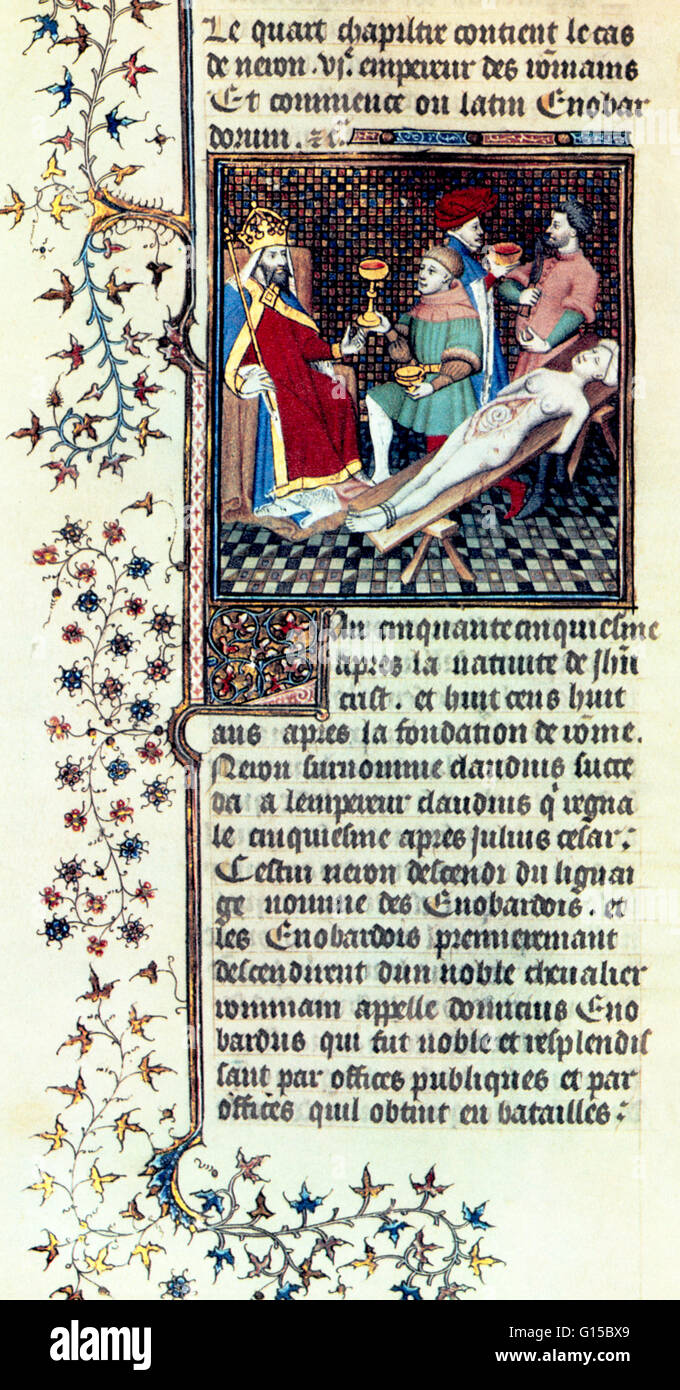 Emperor Nero, after murdering his mother, Agrippini, presides over her autopsy. This illustration, from 1410, is from a collection of stories about famous women by the Italian writer Giovanni Boccaccio (1313-1375). Stock Photo