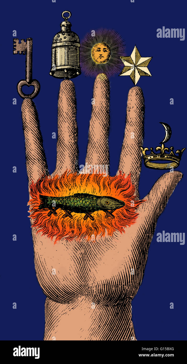 Alchemical symbols on 'The Hand of Philosophy,' from 1667. A salamander surrounded by flames can be seen on the palm. At the time, salamanders were thought to have mystical properties. Alchemy was the pseudo-scientific predecessor of chemistry. Among othe Stock Photo
