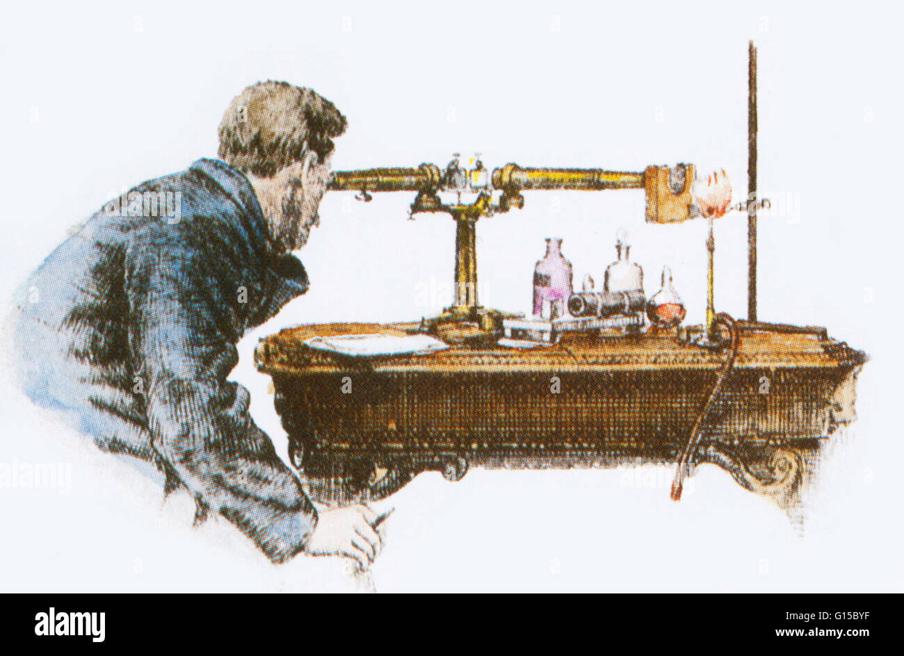 Bunsen using a spectroscope. In 1860 Robert Bunsen (1811-1899) and Gustav Kirchhoff (1824-1887) discovered two alkali metals, cesium and rubidium, with the aid of the spectroscope they had invented the year before. Bunsen and Kirchhoff met and became frie Stock Photo