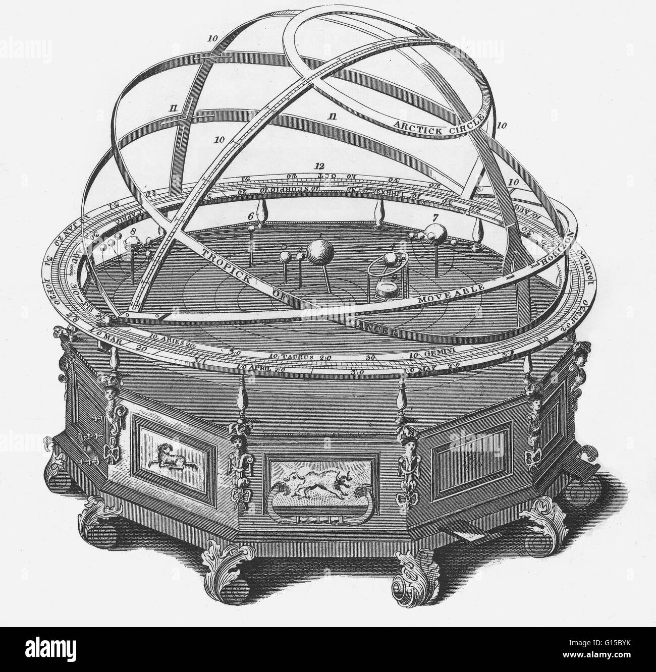 An eighteenth century illustration of a celestial sphere, or rather a representation of the hemisphere of the heavens that can be seen from the northern half of Earth. The moveable horizon can be adjusted to represent the horizon of any observer, whether Stock Photo