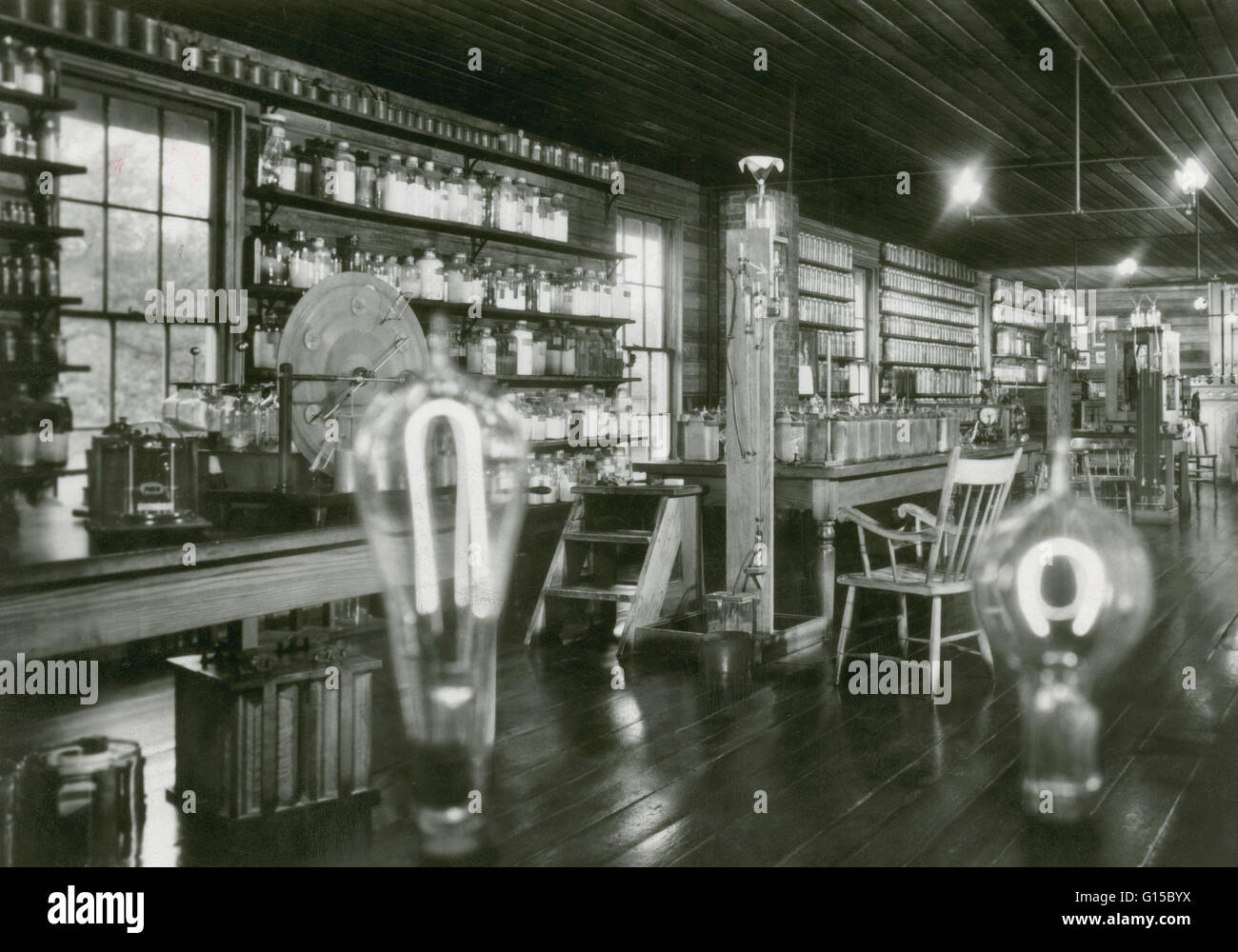 Thomas Edison's Menlo Park Laboratory in New Jersey, photographed on February 22, 1880. This was the first industrial research lab, in operation from (1876-1881). It has since been removed to Greenfield Village in Dearborn, Michigan. Thomas Alva Edison (1 Stock Photo