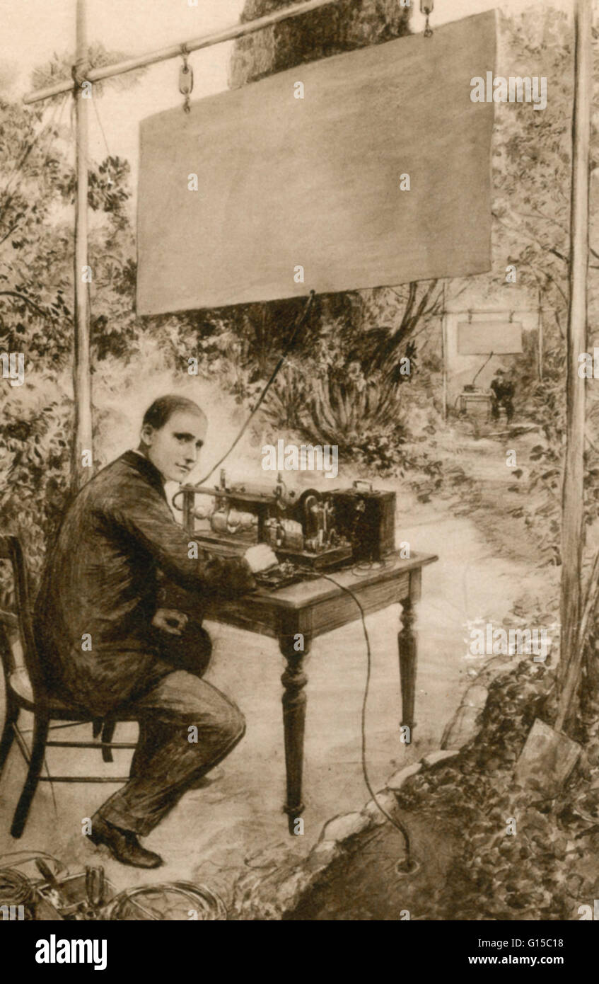 An illustration of Guglielmo Marconi (1874-1937), then aged 21, in his father's garden at Pontecchio, conducting early experiments with a transmitter which produced a spark between two balls, one connected to a metal plate suspended in the air, the other Stock Photo