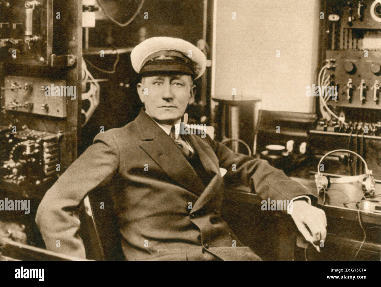 Portrait of Guglielmo Marconi (1874-1937), Italian physicist, Nobel Laureate and developer of wireless telegraphy. Marconi came from a wealthy family, and was privately tutored. In 1894 he read about the radio waves of Hertz, and set about applying this t Stock Photo