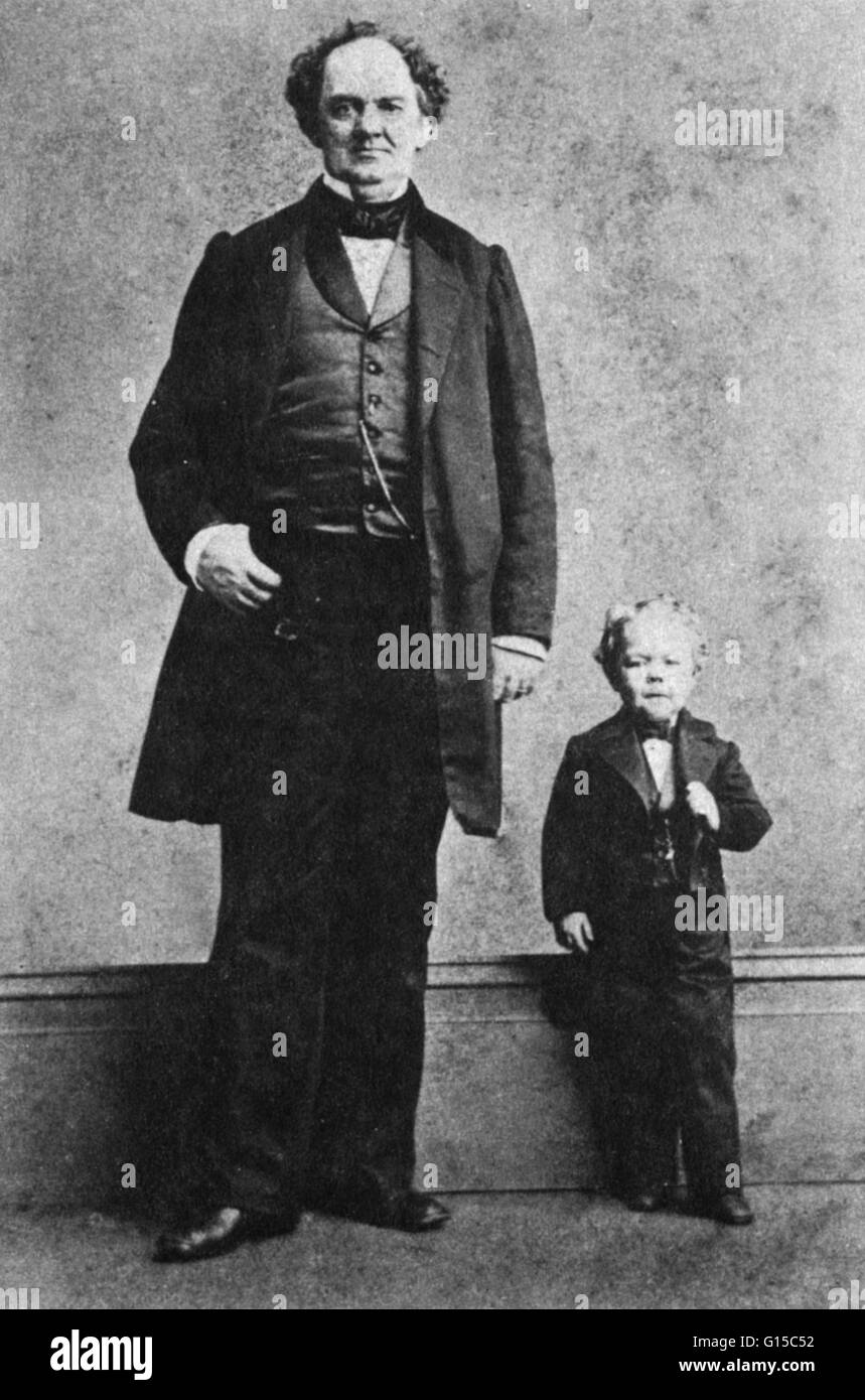 P.T. Barnum and George Washington Morrison Nutt (Commodore Nutt). Nutt was a dwarf, who reached a height of 43 inches in his lifetime, and a popular 'curiosity' at the Barnum American Museum. Photographed in 1863. Stock Photo
