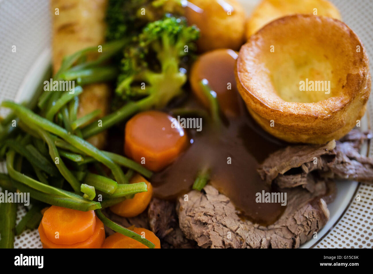Traditional Roast Beef Family Sunday Lunch Served on a Plate Stock