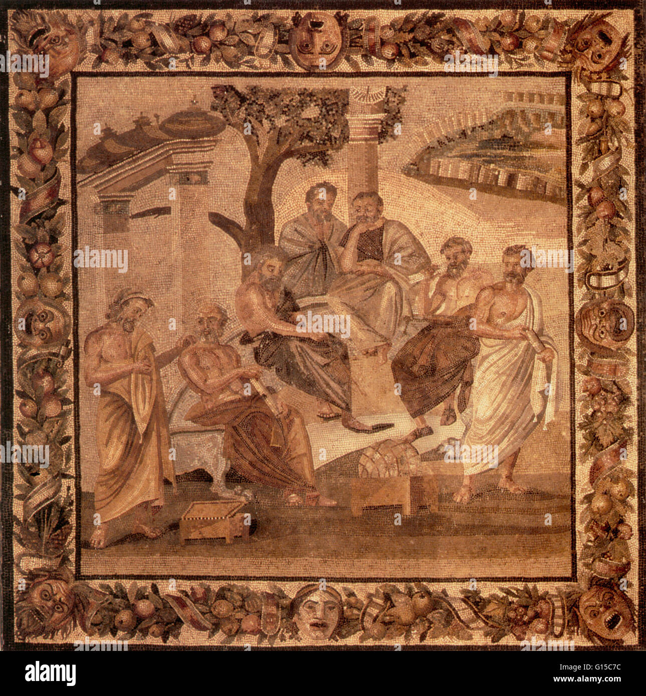 The philosopher-scientists of ancient Greece and Rome, as visualized in a Roman mosaic dscovered in Pompeii. Right to left: Zeno, founder of the Stoic School, Pythagoras, Epicurus, Socrates, Plato, and Theophrastus. Stock Photo