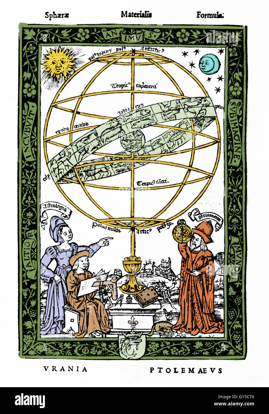 An armillary sphere (variations are known as spherical astrolabe, armilla, or armil) is a model of objects in the sky (in the celestial sphere), consisting of a spherical framework of rings, centered on Earth, that represent lines of celestial longitude a Stock Photo