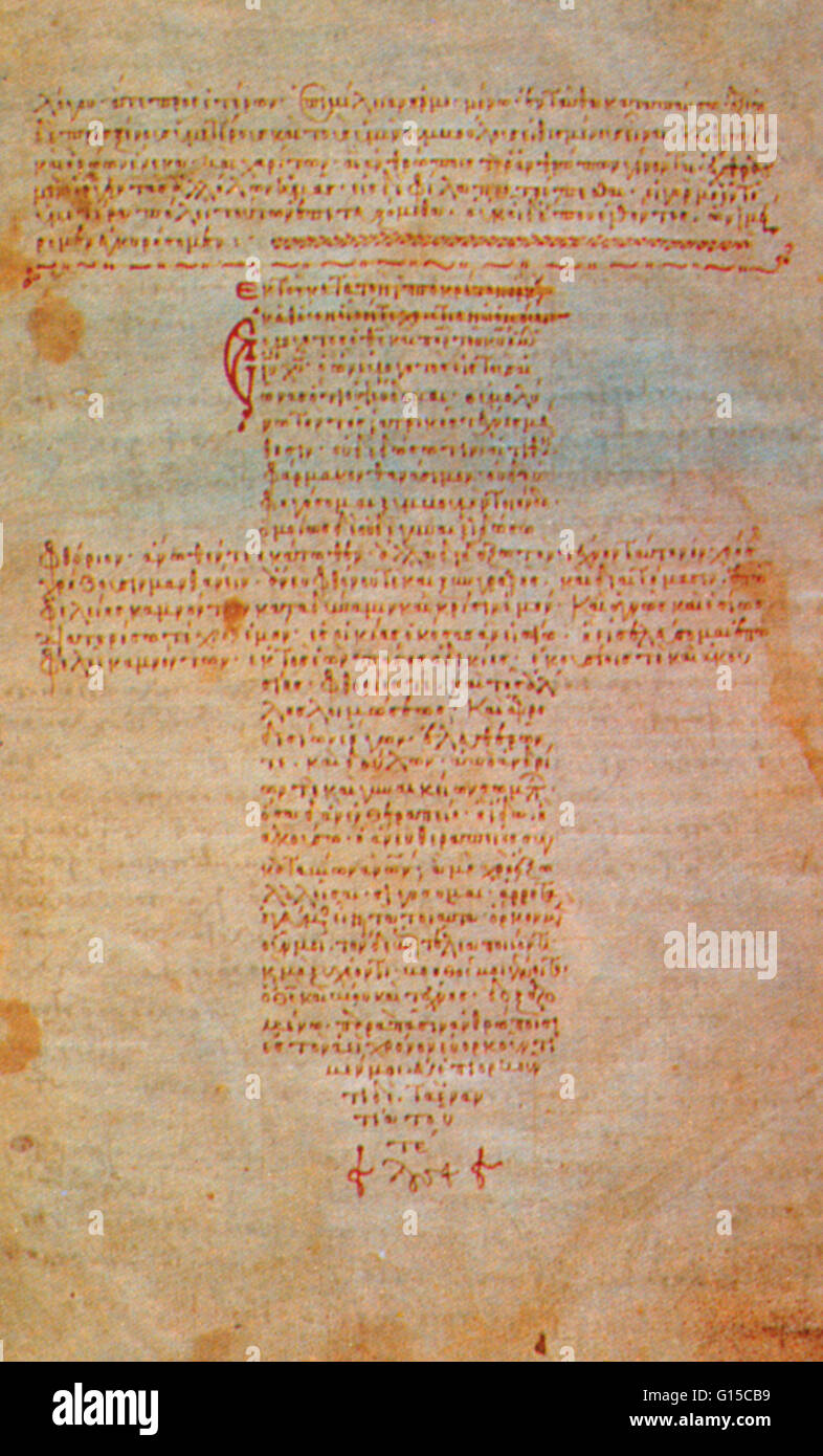 12th century Byzantine manuscript the oath was written out in the form of a cross, relating it visually to Christian ideas from the Folio Biblioteca Vaticana. Hippocrates (460-370 BC) was a Greek physician who is considered the father of medicine. His inf Stock Photo