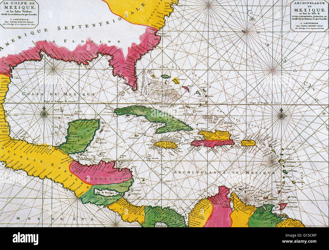 A Dutch map of 1708 showing the Spanish Main, the mainland coast of the Spanish Empire, toward the end of the great era of Spanish treasure fleets. Stock Photo