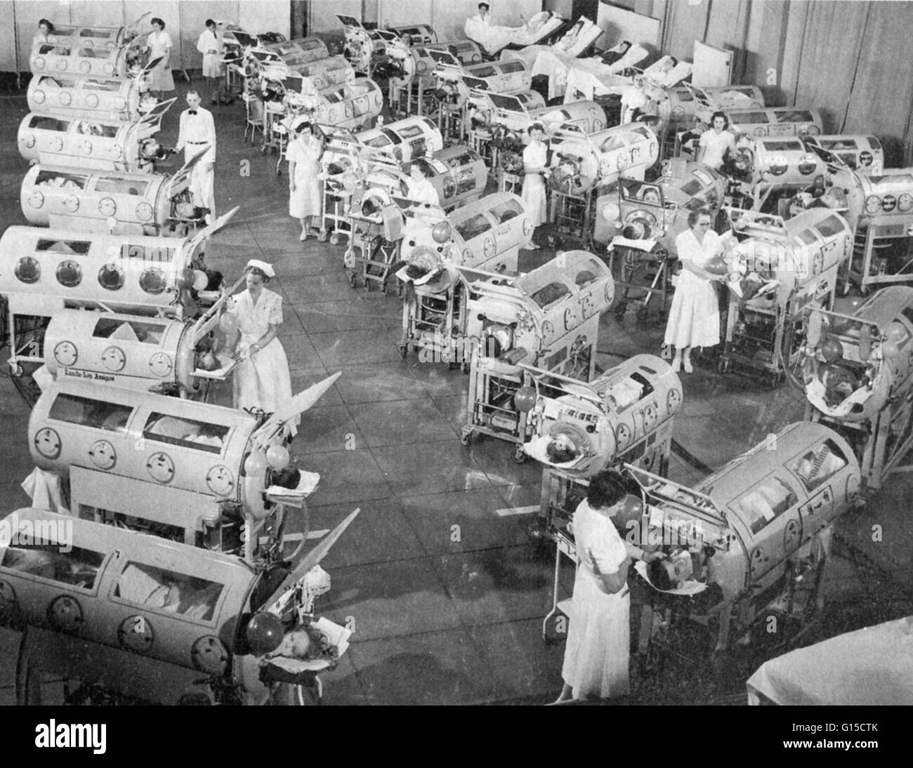 During the 1950s, as polio swept across the United States, vast iron lungs that enabled paralyzed children to breathe became a powerful symbol of a greatly feared disease. Stock Photo