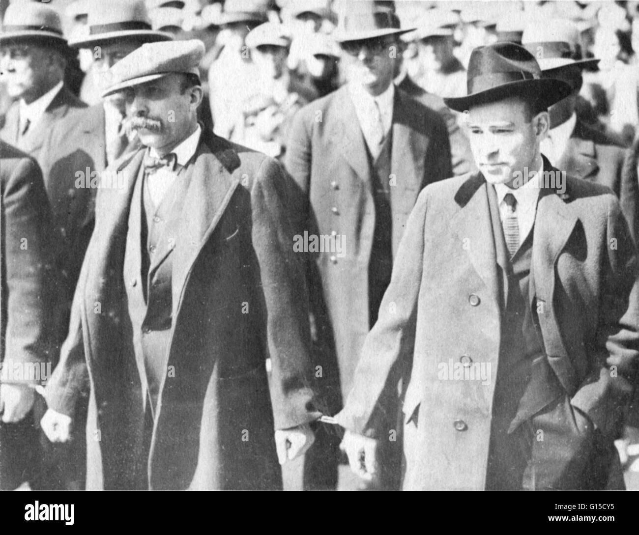 Ferdinando Nicola Sacco and Bartolomeo Vanzetti were two Italian-born laborers and anarchists who were convicted of the 1920 armed robbery and murder of a pay-clerk and a security guard in South Braintree, Massachusetts. They were electrocuted on August 2 Stock Photo