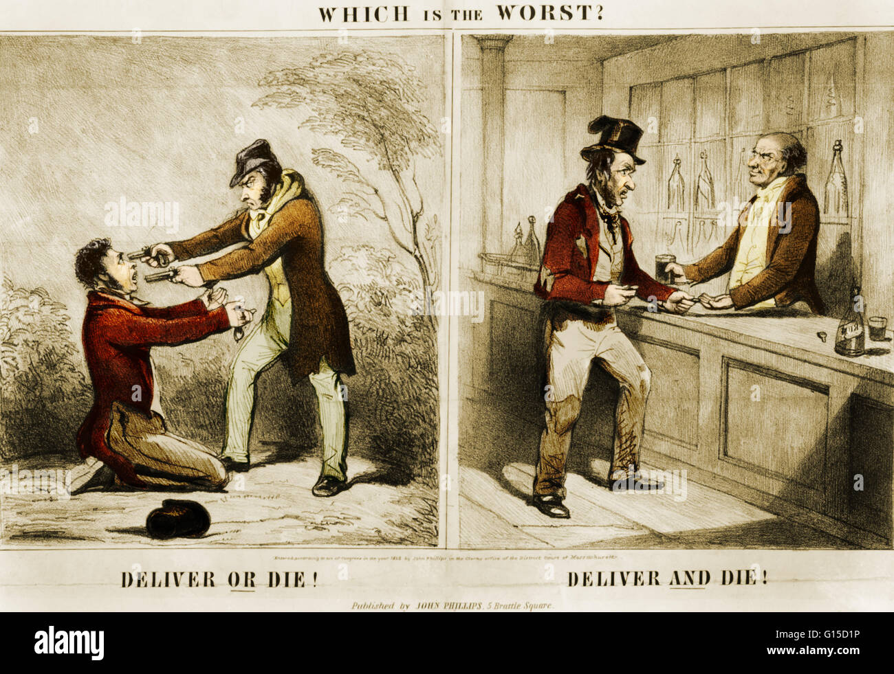 Political illustration asking 'Which is the Worst?' On the left, a man is robbed and the caption reads 'Deliver or die!'; on the other, a man buys a drink and the caption reads 'Deliver and die!'. Stock Photo
