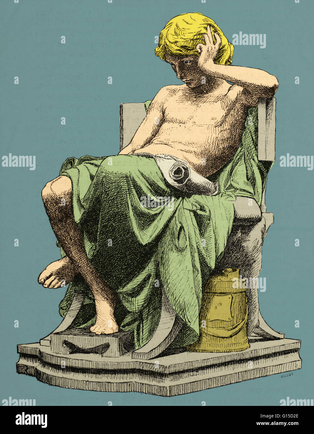 Illustration of Charles DeGeorge's 'La Jeunesse d'Aristotle' (Aristotle's Youth), a marble sculpture from 1875. Aristotle (384 - 322 BC) was an ancient Greek philosopher, polymath, student of Plato and teacher of Alexander the Great. His writings cover ma Stock Photo