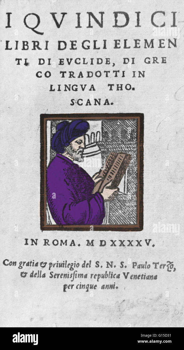 1545 Roman book with a woodcut portrait of Euclid on the cover. Euclid (meaning, good glory, 300 BC) was a Greek mathematician, often referred to as the 'Father of Geometry'. Little is known about his life. The date and place of Euclid's birth and the dat Stock Photo