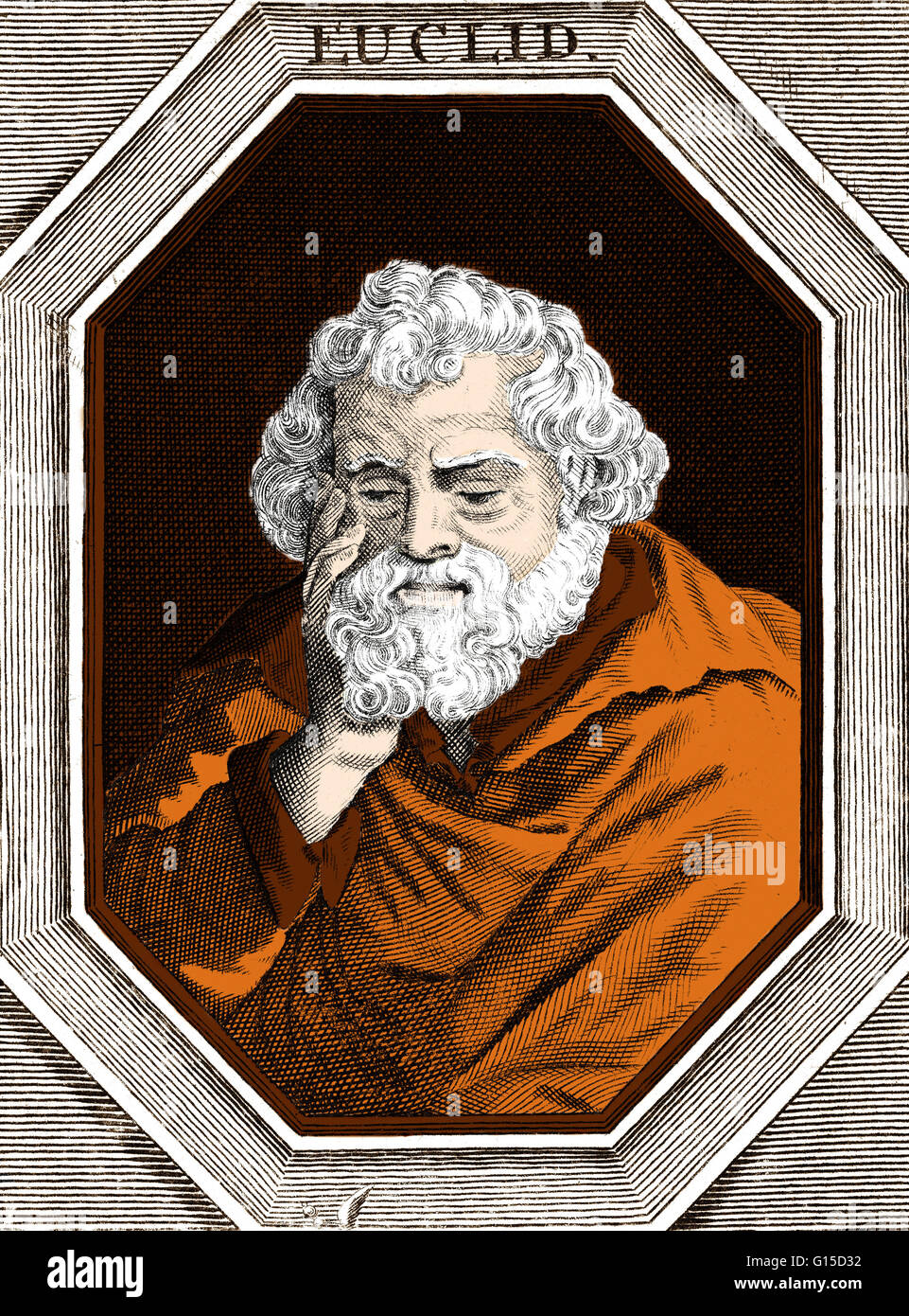 Euclid (meaning, good glory, 300 BC) was a Greek mathematician, often referred to as the 'Father of Geometry'. Little is known about his life. The date and place of Euclid's birth and the date and circumstances of his death are unknown. No likeness or des Stock Photo
